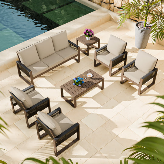 COOS BAY Natural Cedar 7 PCS Furniture Set w/ Sofa 4 Patio Chairs, Coffee Table and Side Table