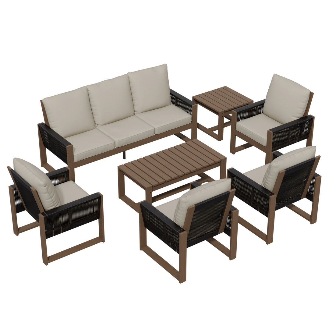 COOS BAY Natural Cedar 7 PCS Furniture Set w/ Sofa 4 Patio Chairs, Coffee Table and Side Table