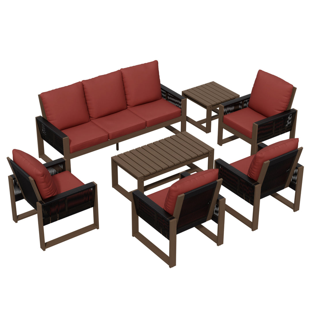 COOS BAY Natural Cedar 7 PCS Furniture Set w/ Sofa 4 Patio Chairs, Coffee Table and Side Table