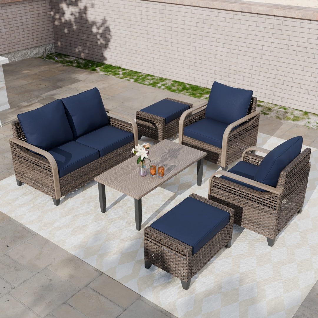 COOS BAY 6 PCS Modern Wicker Outdoor Set with Patio Chairs, 2 Seat Loveseat, Ottomans, and Coffee Table