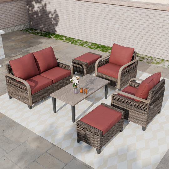 COOS BAY 6 PCS Modern Wicker Outdoor Set with Patio Chairs, 2 Seat Loveseat, Ottomans, and Coffee Table