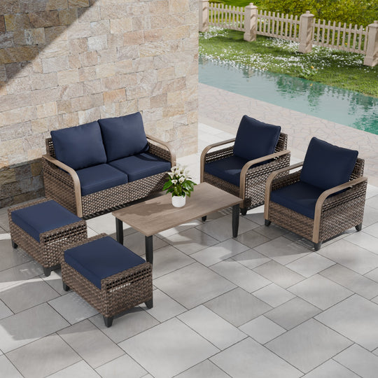COOS BAY 6 PCS Modern Wicker Outdoor Set with Patio Chairs, 2 Seat Loveseat, Ottomans, and Coffee Table