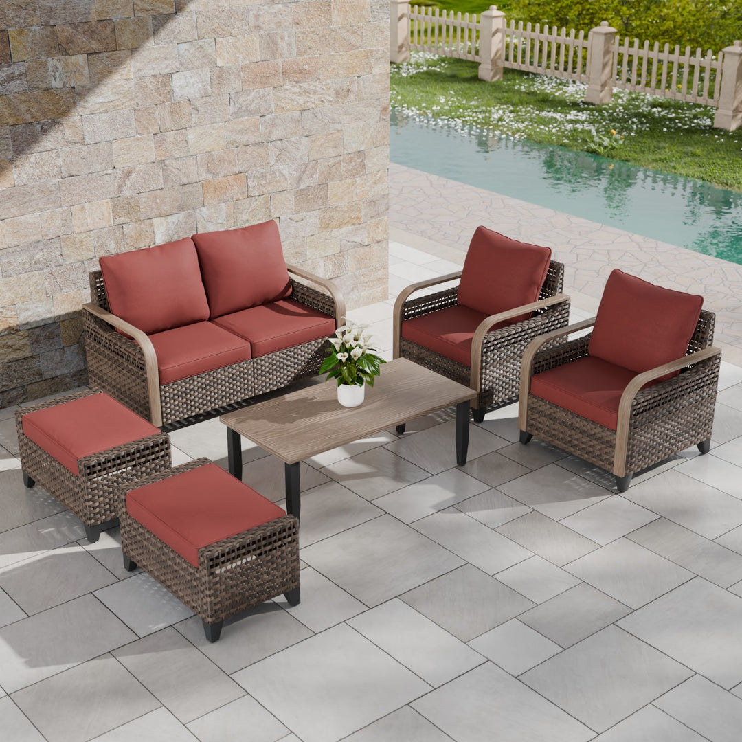 COOS BAY 6 PCS Modern Wicker Outdoor Set with Patio Chairs, 2 Seat Loveseat, Ottomans, and Coffee Table