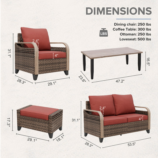 COOS BAY 6 PCS Modern Wicker Outdoor Set with Patio Chairs, 2 Seat Loveseat, Ottomans, and Coffee Table