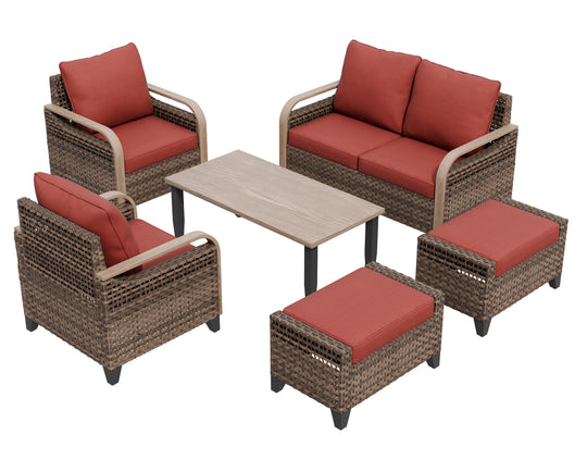 COOS BAY 6 PCS Modern Wicker Outdoor Set with Patio Chairs, 2 Seat Loveseat, Ottomans, and Coffee Table