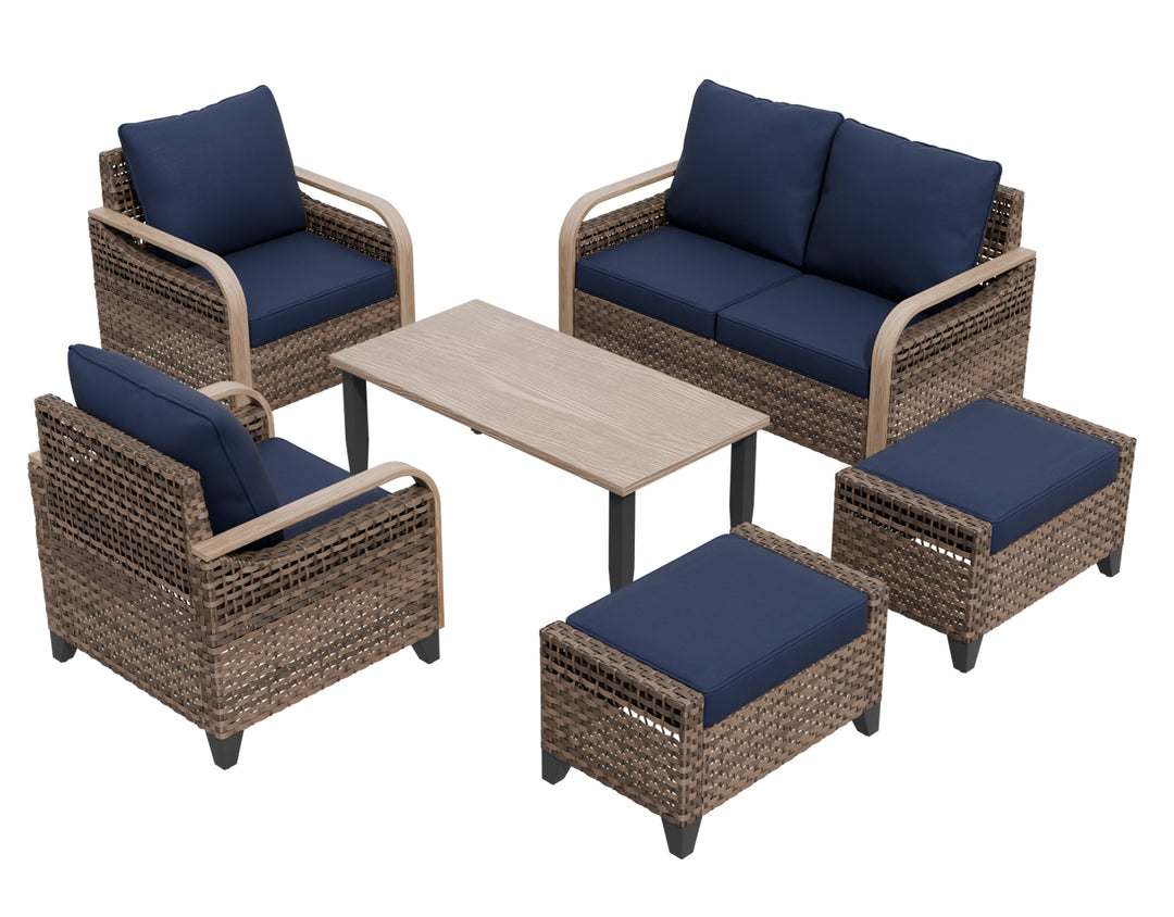 COOS BAY 6 PCS Modern Wicker Outdoor Set with Patio Chairs, 2 Seat Loveseat, Ottomans, and Coffee Table