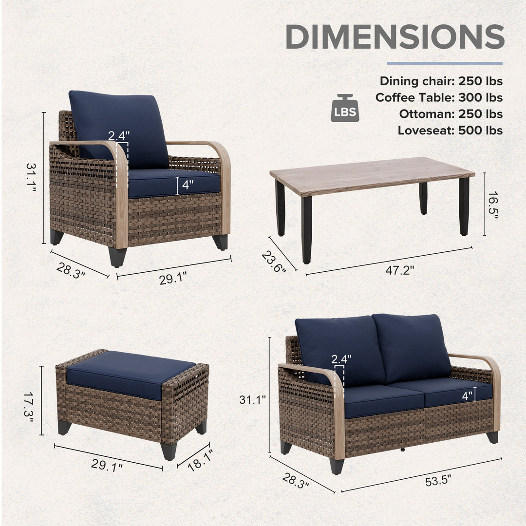 COOS BAY 6 PCS Modern Wicker Outdoor Set with Patio Chairs, 2 Seat Loveseat, Ottomans, and Coffee Table