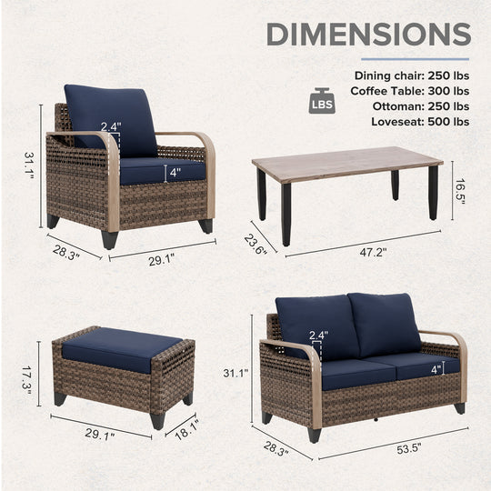 COOS BAY 6 PCS Modern Wicker Outdoor Set with Patio Chairs, 2 Seat Loveseat, Ottomans, and Coffee Table