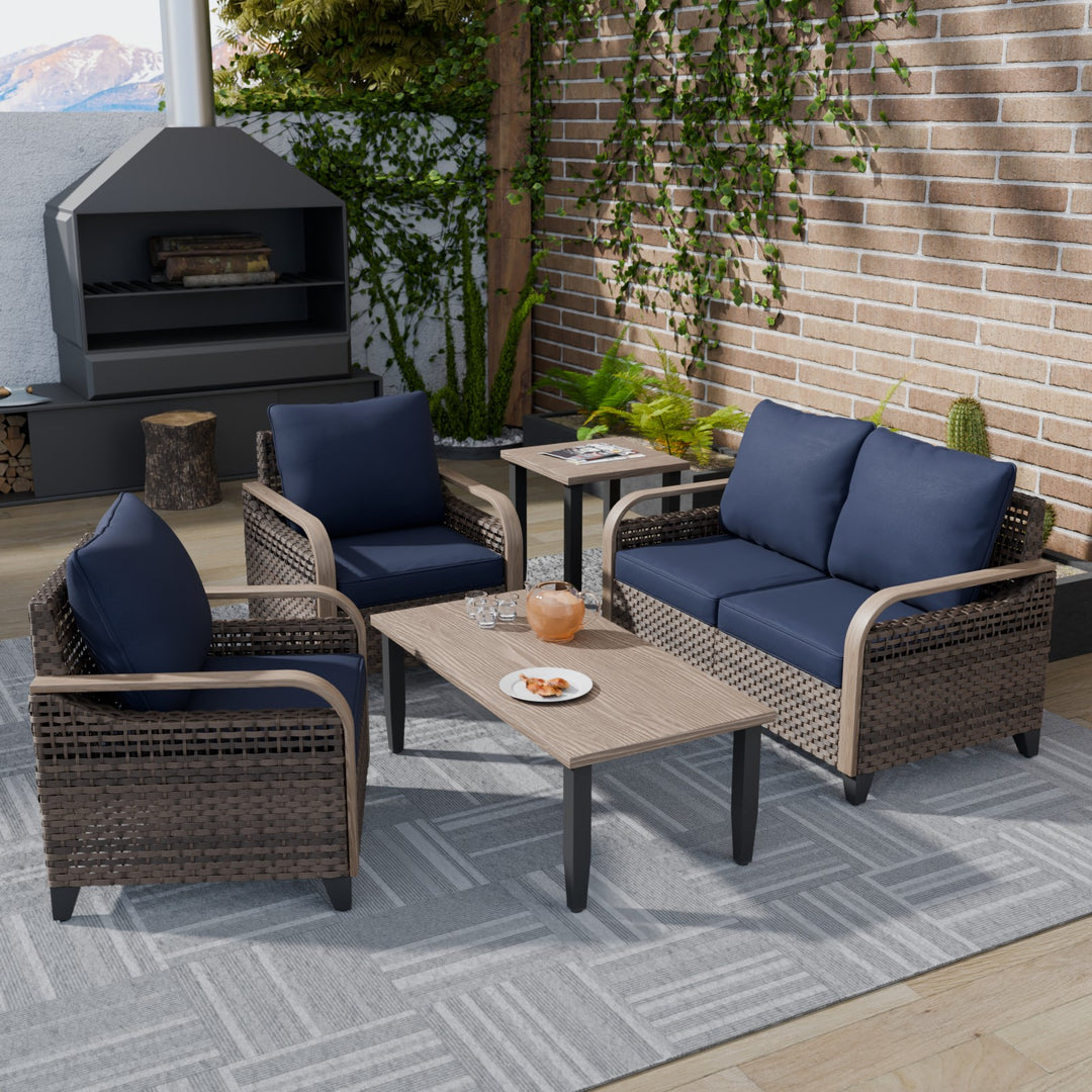 COOS BAY Modern Wicker 5 PCS Furniture Set w/ Patio Chairs, Loveseat, Coffee Table and Side Table