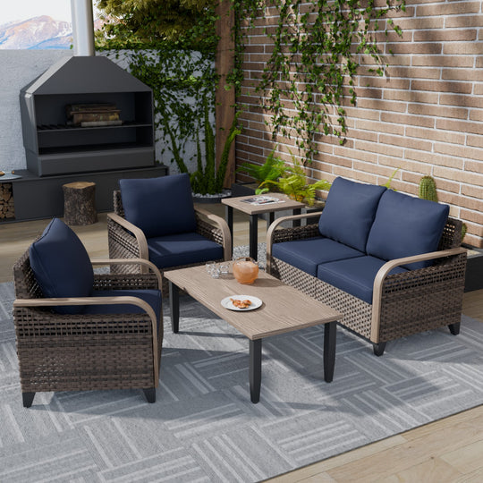 COOS BAY Modern Wicker 5 PCS Furniture Set w/ Patio Chairs, Loveseat, Coffee Table and Side Table