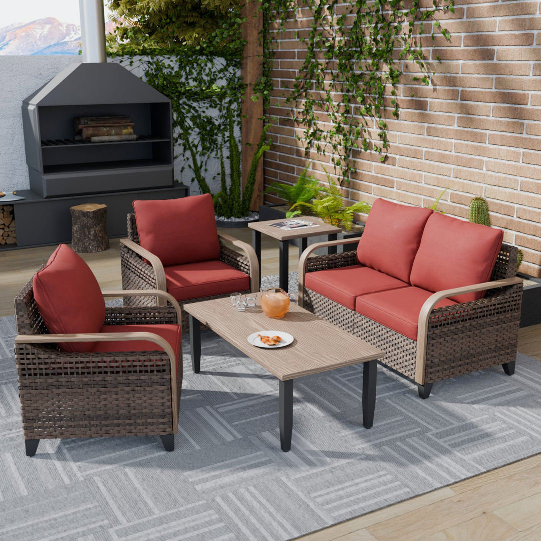 COOS BAY Modern Wicker 5 PCS Furniture Set w/ Patio Chairs, Loveseat, Coffee Table and Side Table