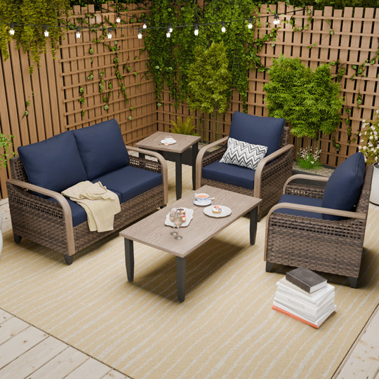 COOS BAY Modern Wicker 5 PCS Furniture Set w/ Patio Chairs, Loveseat, Coffee Table and Side Table