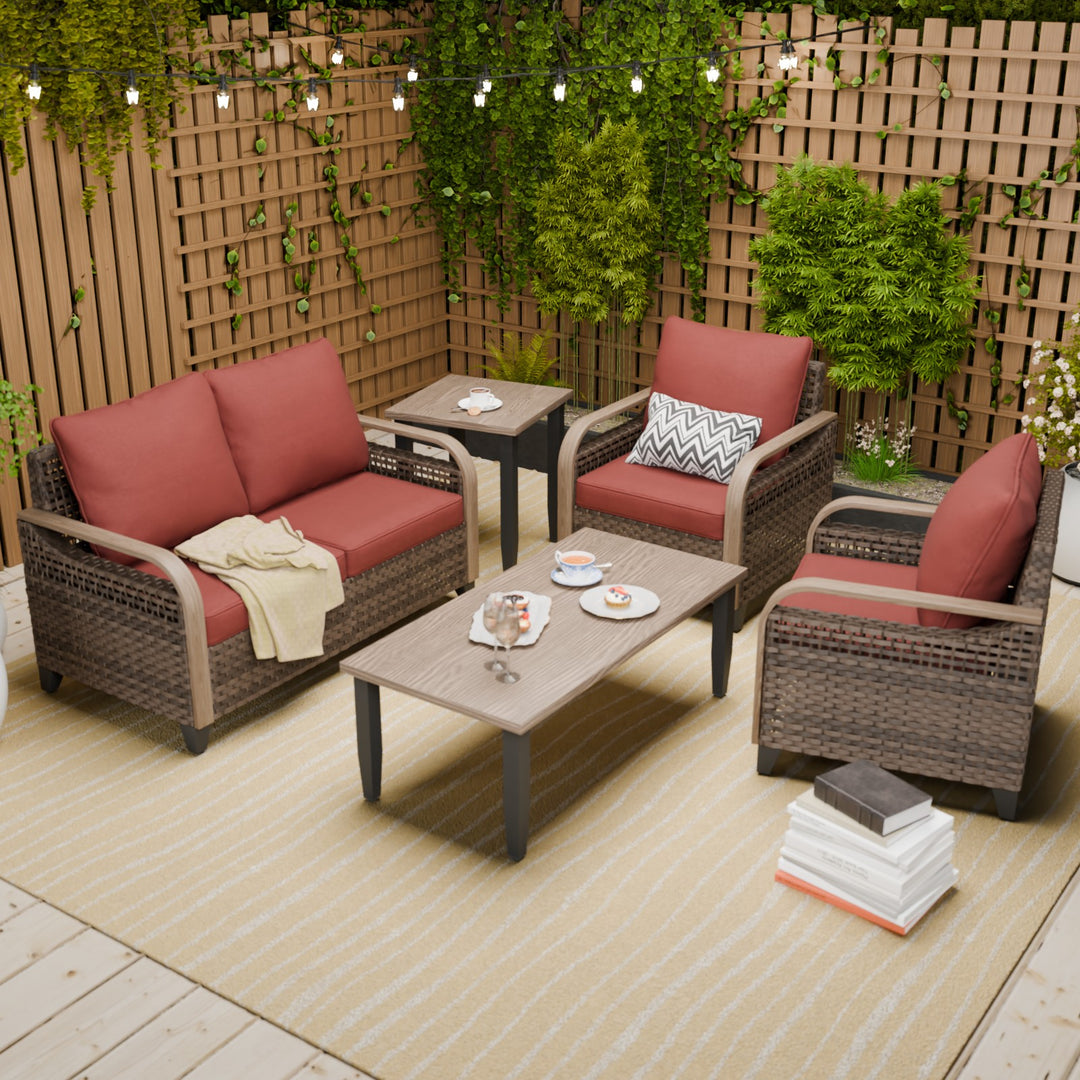 COOS BAY Modern Wicker 5 PCS Furniture Set w/ Patio Chairs, Loveseat, Coffee Table and Side Table