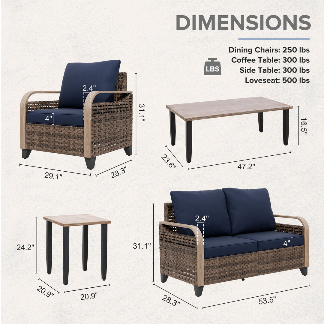 COOS BAY Modern Wicker 5 PCS Furniture Set w/ Patio Chairs, Loveseat, Coffee Table and Side Table
