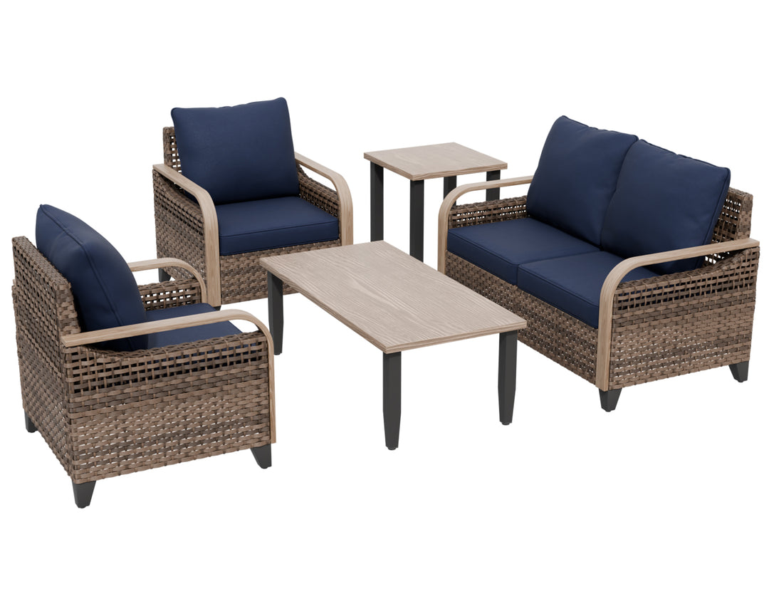 COOS BAY Modern Wicker 5 PCS Furniture Set w/ Patio Chairs, Loveseat, Coffee Table and Side Table