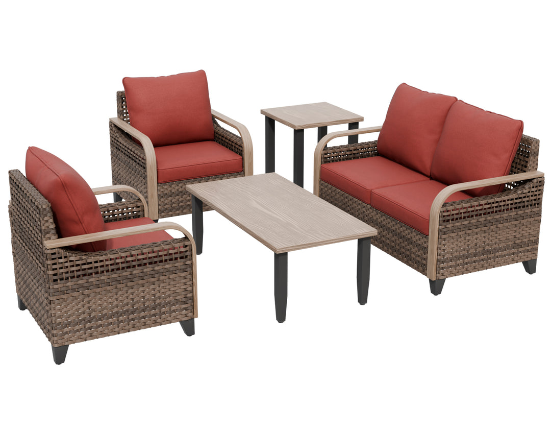 COOS BAY Modern Wicker 5 PCS Furniture Set w/ Patio Chairs, Loveseat, Coffee Table and Side Table