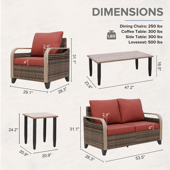 COOS BAY Modern Wicker 5 PCS Furniture Set w/ Patio Chairs, Loveseat, Coffee Table and Side Table
