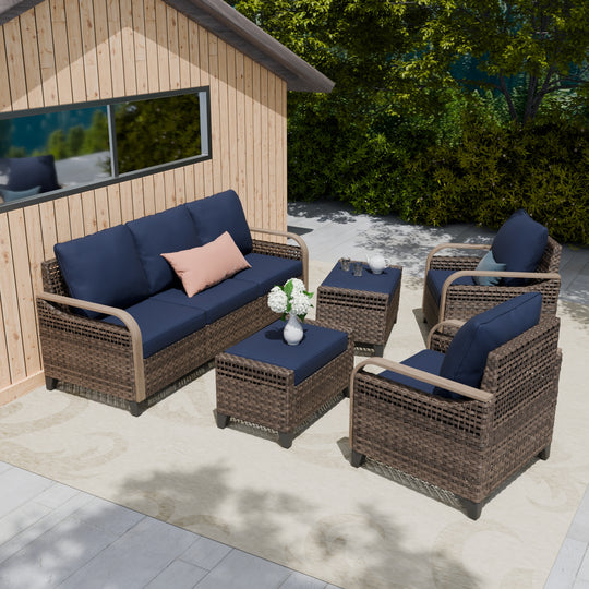 COOS BAY Modern 5 PCS Furniture Set w/ Patio Chairs, 3 Seat Couch, and Ottomans