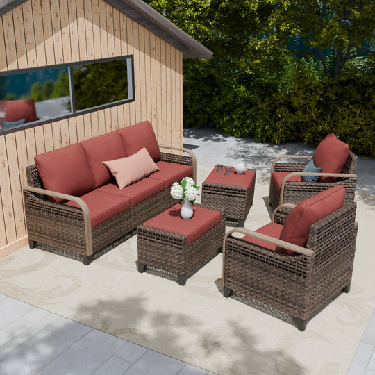 COOS BAY Modern 5 PCS Furniture Set w/ Patio Chairs, 3 Seat Couch, and Ottomans