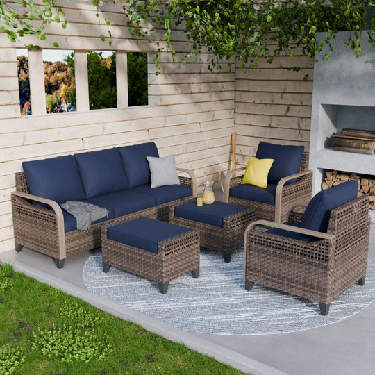 COOS BAY Modern 5 PCS Furniture Set w/ Patio Chairs, 3 Seat Couch, and Ottomans