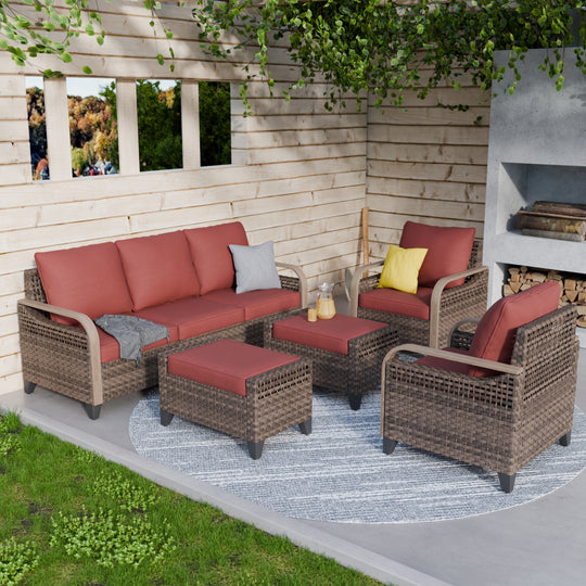 COOS BAY Modern 5 PCS Furniture Set w/ Patio Chairs, 3 Seat Couch, and Ottomans