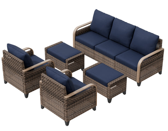 COOS BAY Modern 5 PCS Furniture Set w/ Patio Chairs, 3 Seat Couch, and Ottomans