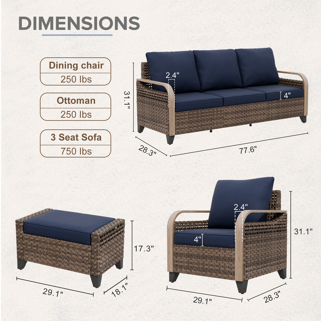 COOS BAY Modern 5 PCS Furniture Set w/ Patio Chairs, 3 Seat Couch, and Ottomans