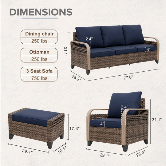 COOS BAY Modern 5 PCS Furniture Set w/ Patio Chairs, 3 Seat Couch, and Ottomans