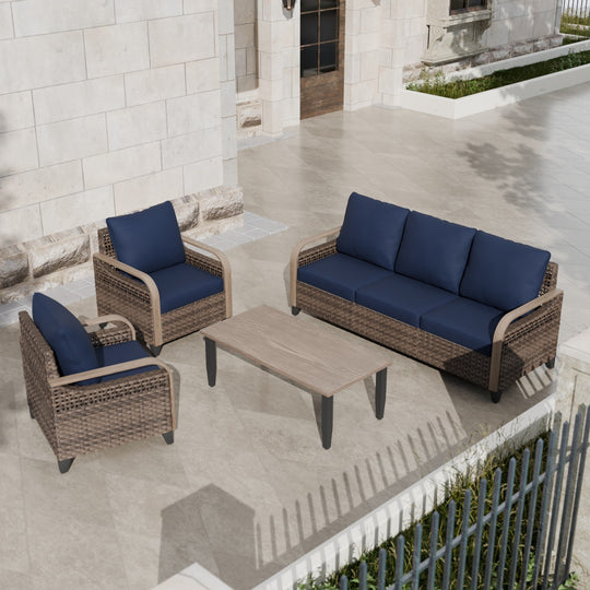 COOS BAY 4 PCS Modern Wicker Set with Patio Chairs, 3 Seat Couch, and Side Table