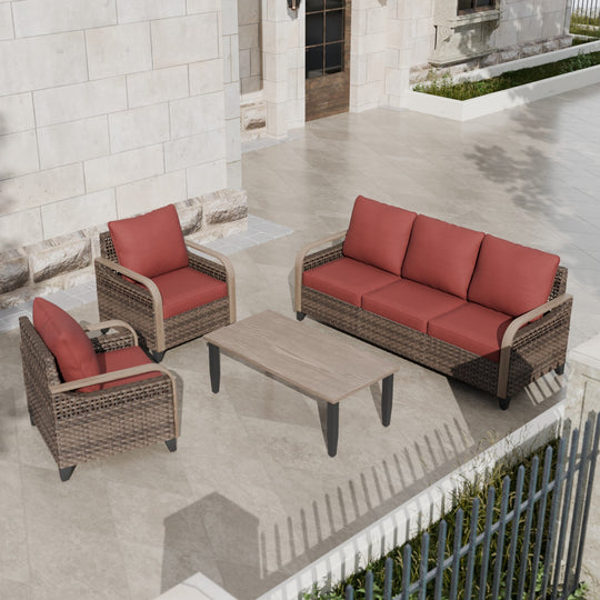 COOS BAY 4 PCS Modern Wicker Set with Patio Chairs, 3 Seat Couch, and Side Table
