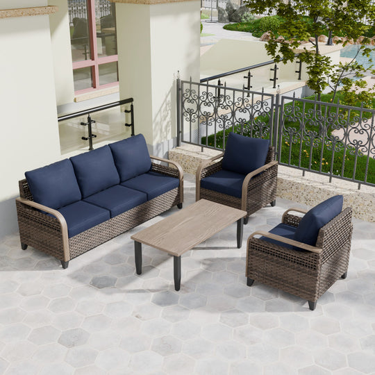 COOS BAY 4 PCS Modern Wicker Set with Patio Chairs, 3 Seat Couch, and Side Table