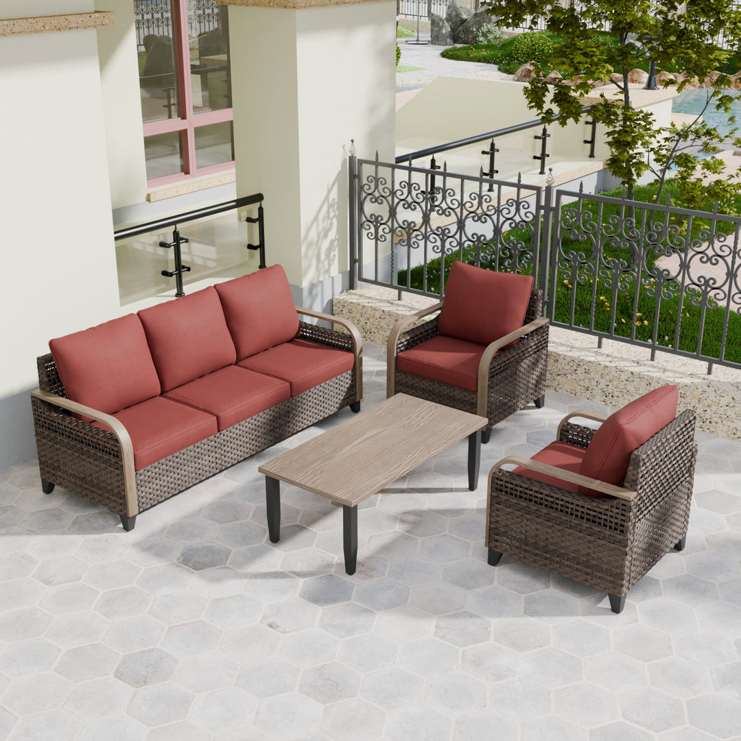 COOS BAY 4 PCS Modern Wicker Set with Patio Chairs, 3 Seat Couch, and Side Table