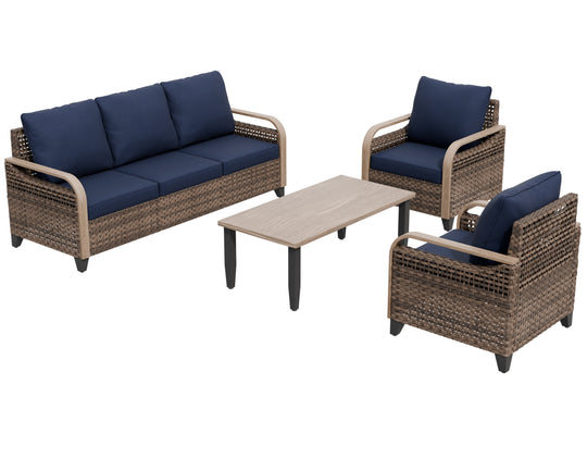 COOS BAY 4 PCS Modern Wicker Set with Patio Chairs, 3 Seat Couch, and Side Table
