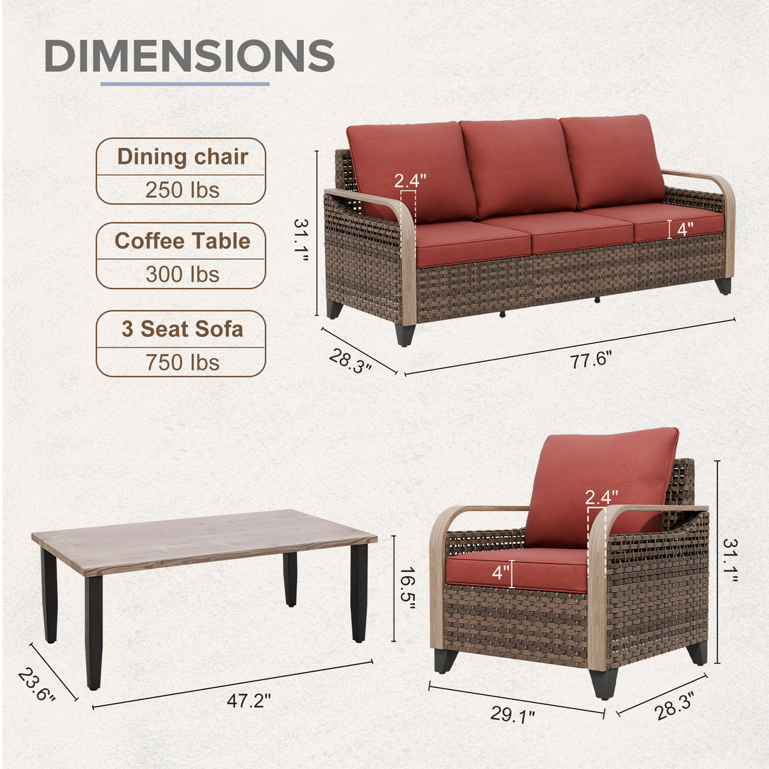 COOS BAY 4 PCS Modern Wicker Set with Patio Chairs, 3 Seat Couch, and Side Table