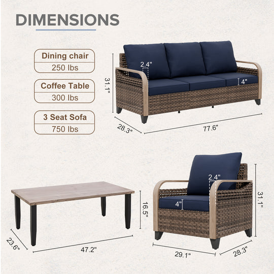 COOS BAY 4 PCS Modern Wicker Set with Patio Chairs, 3 Seat Couch, and Side Table