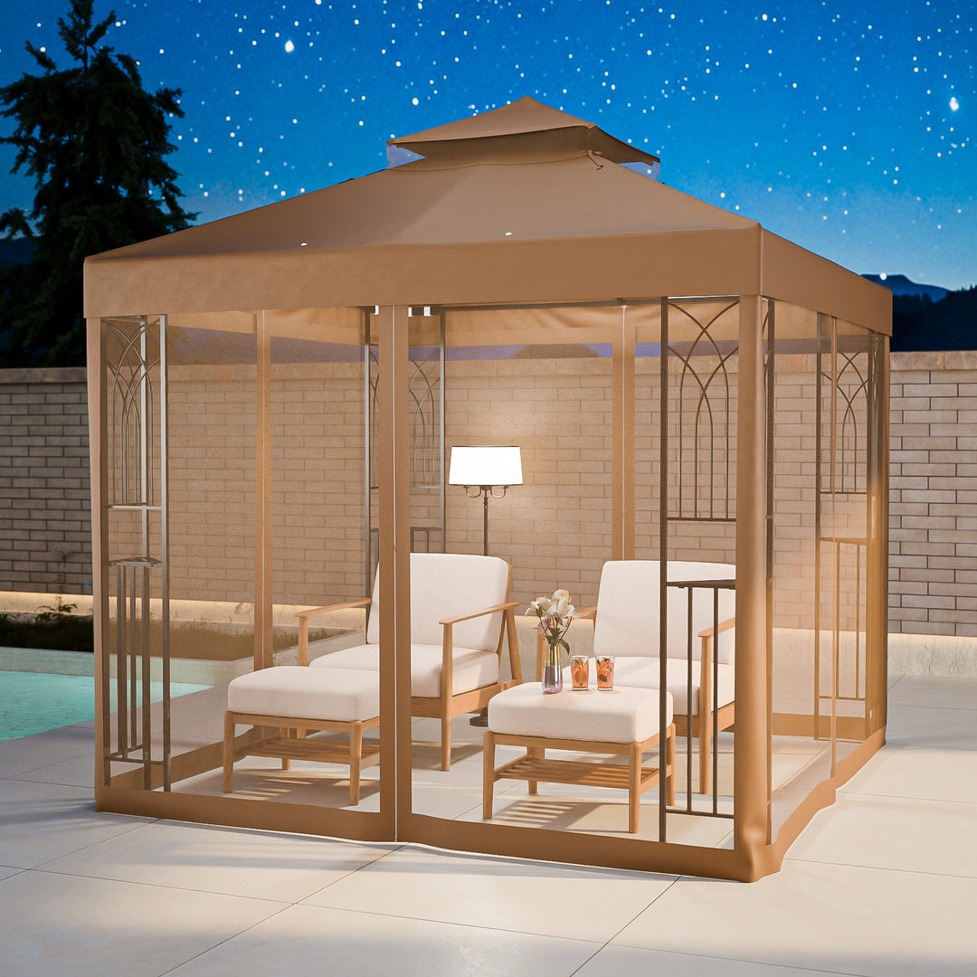 COOS BAY 8x8 Outdoor Patio Gazebo with Netting and Corner Shelves