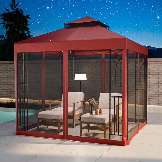 COOS BAY 8x8 Outdoor Patio Gazebo with Netting and Corner Shelves