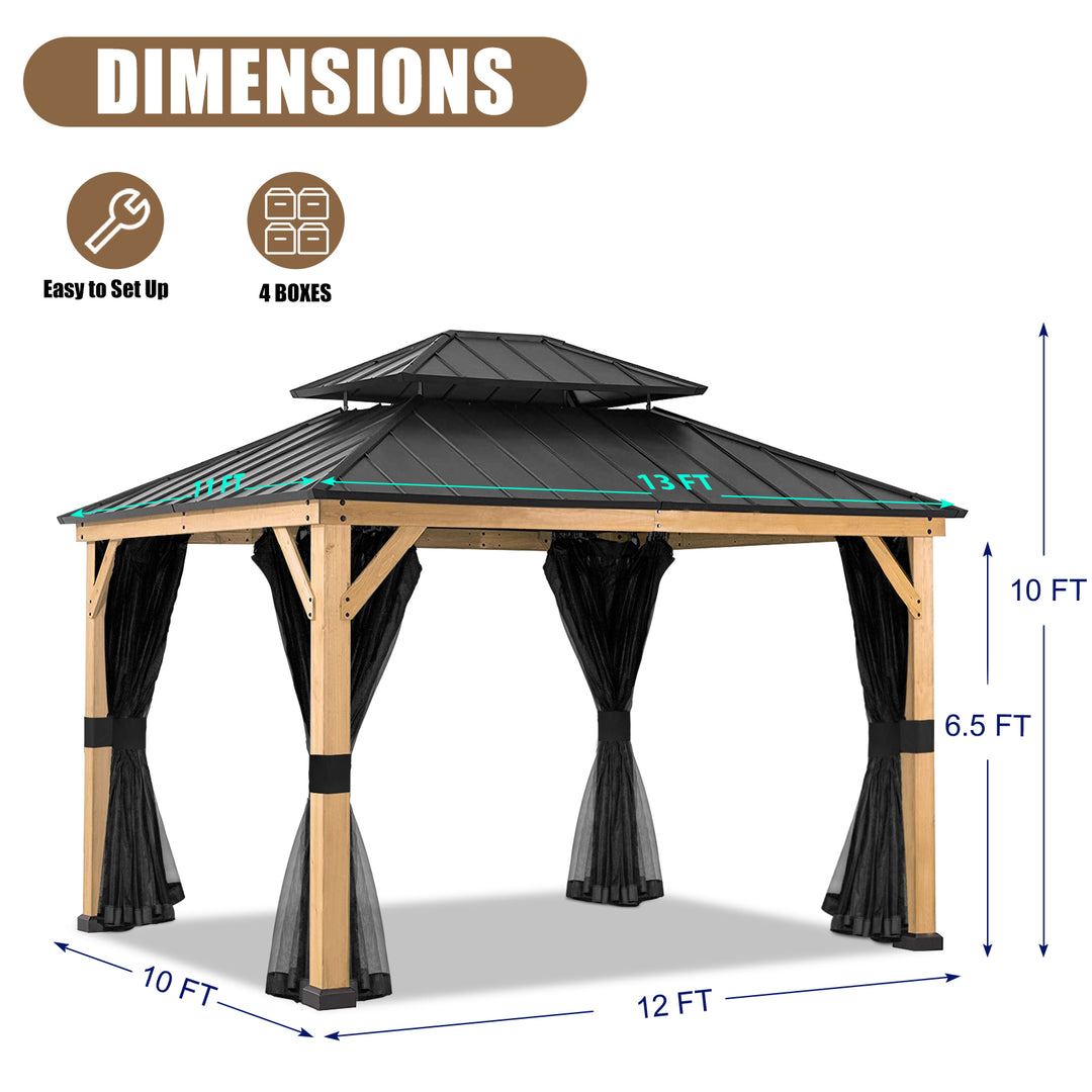 COOS BAY 11x13 Hardtop Gazebo with Netting, Natural Wood/Black