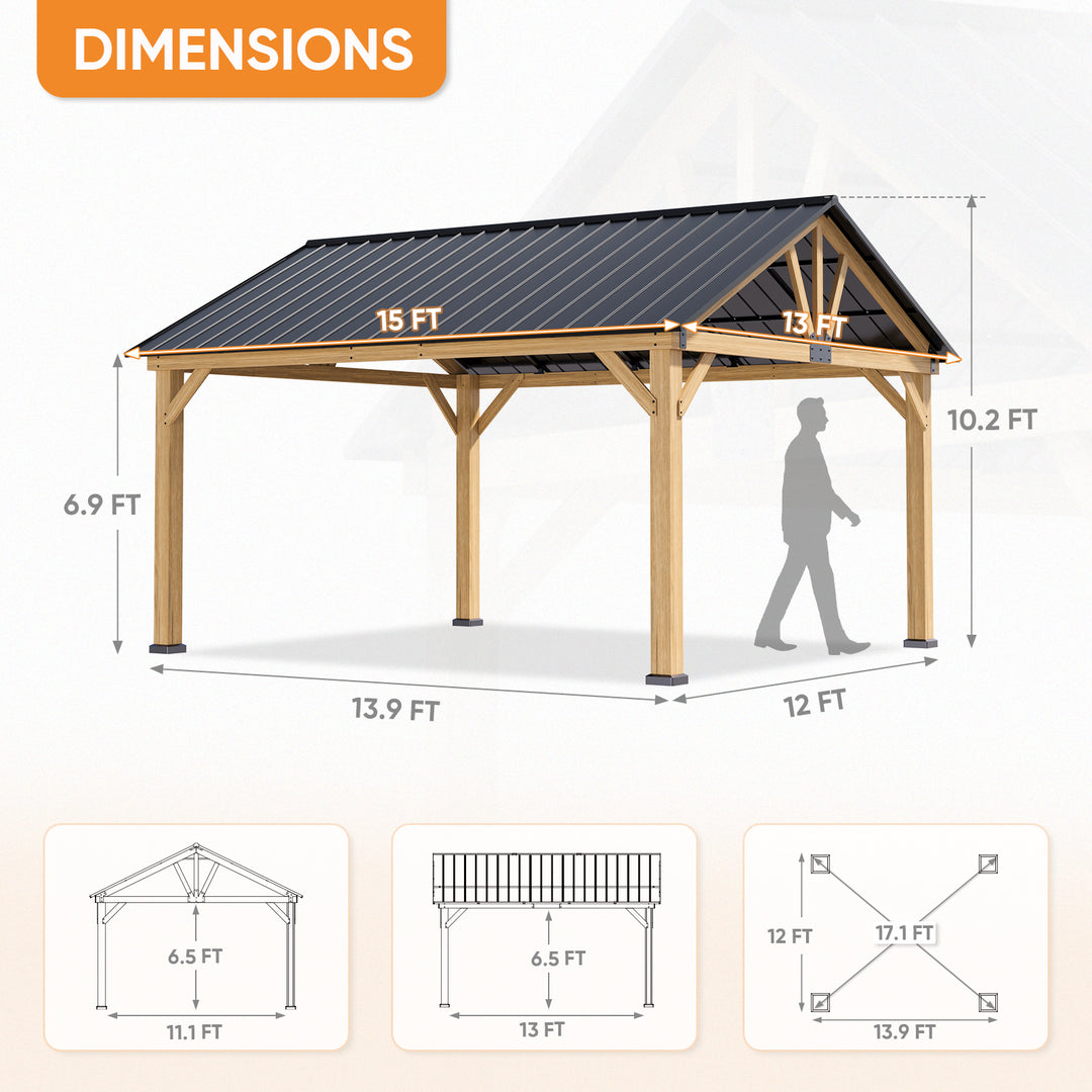 COOS BAY 13x15 Hardtop Gazebo, Natural Wood/Black