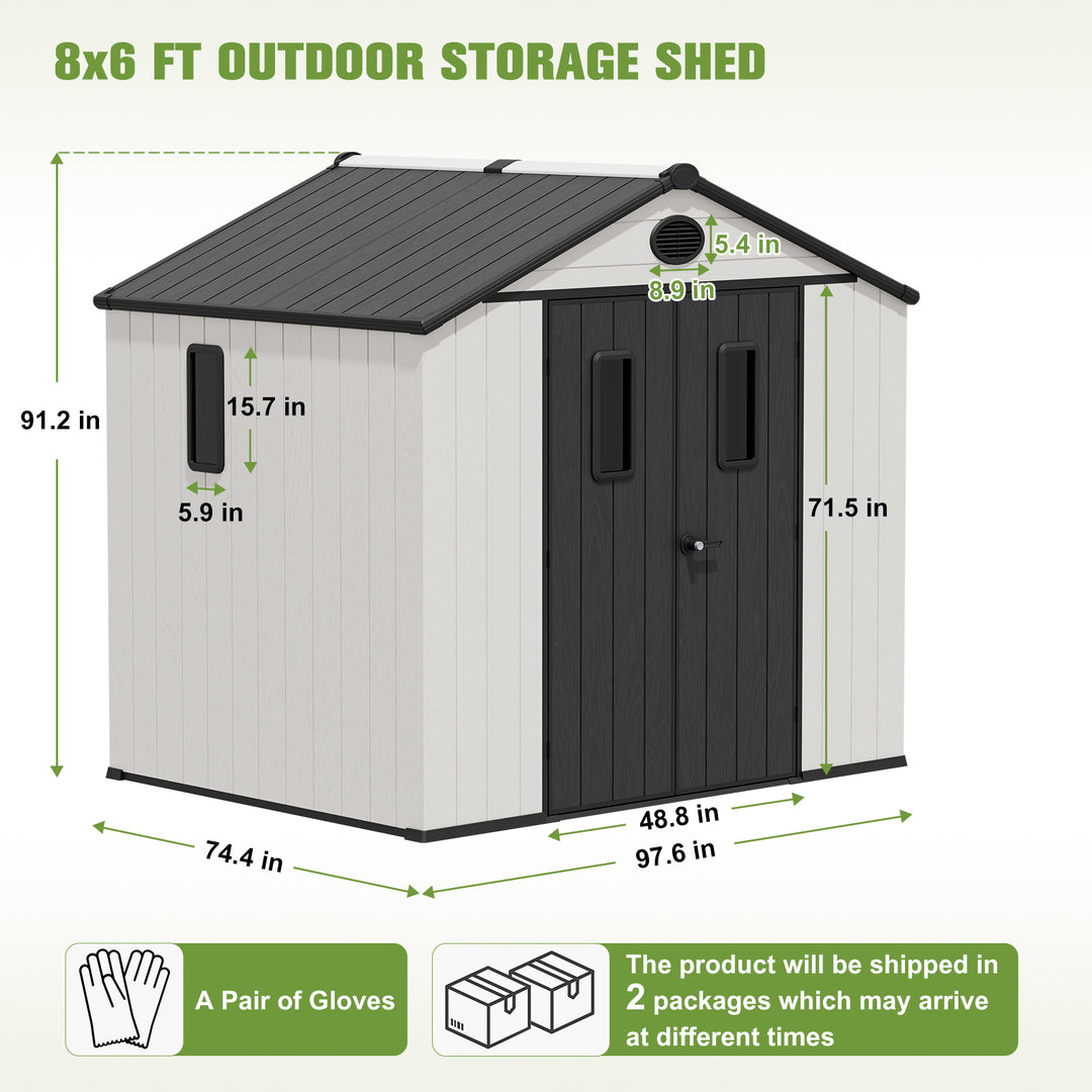 COOS BAY 8x6/8x8 Resin Outdoor Storage Shed, Garden Shed with Lockable Double Doors
