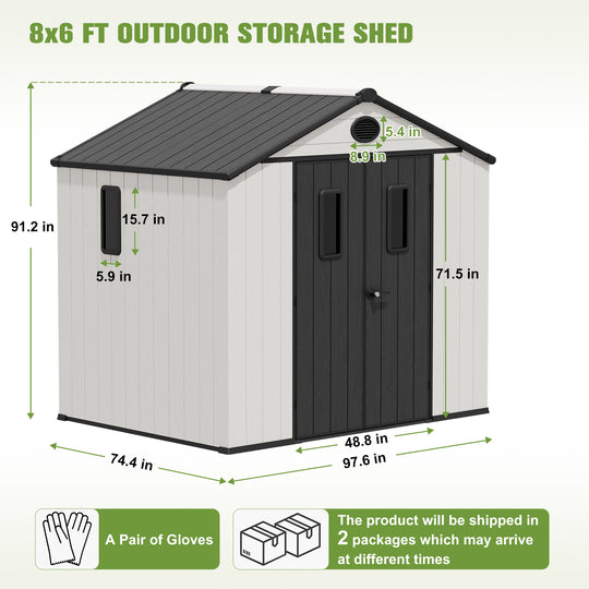COOS BAY 8x6/8x8 Resin Outdoor Storage Shed, Garden Shed with Lockable Double Doors