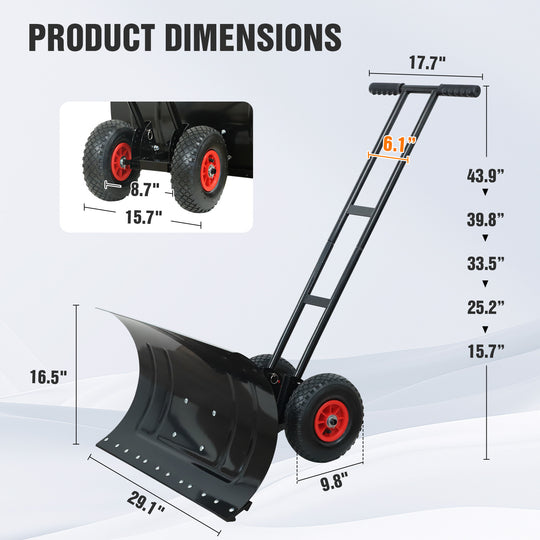 COOS BAY 29” Wheeled Snow Shovel Single/Double Rod Snow Pusher with Adjustable Angle