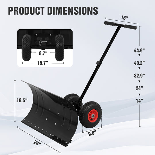 COOS BAY Wheeled Snow Shovel Single/Double Rod Snow Pusher with Adjustable Angle