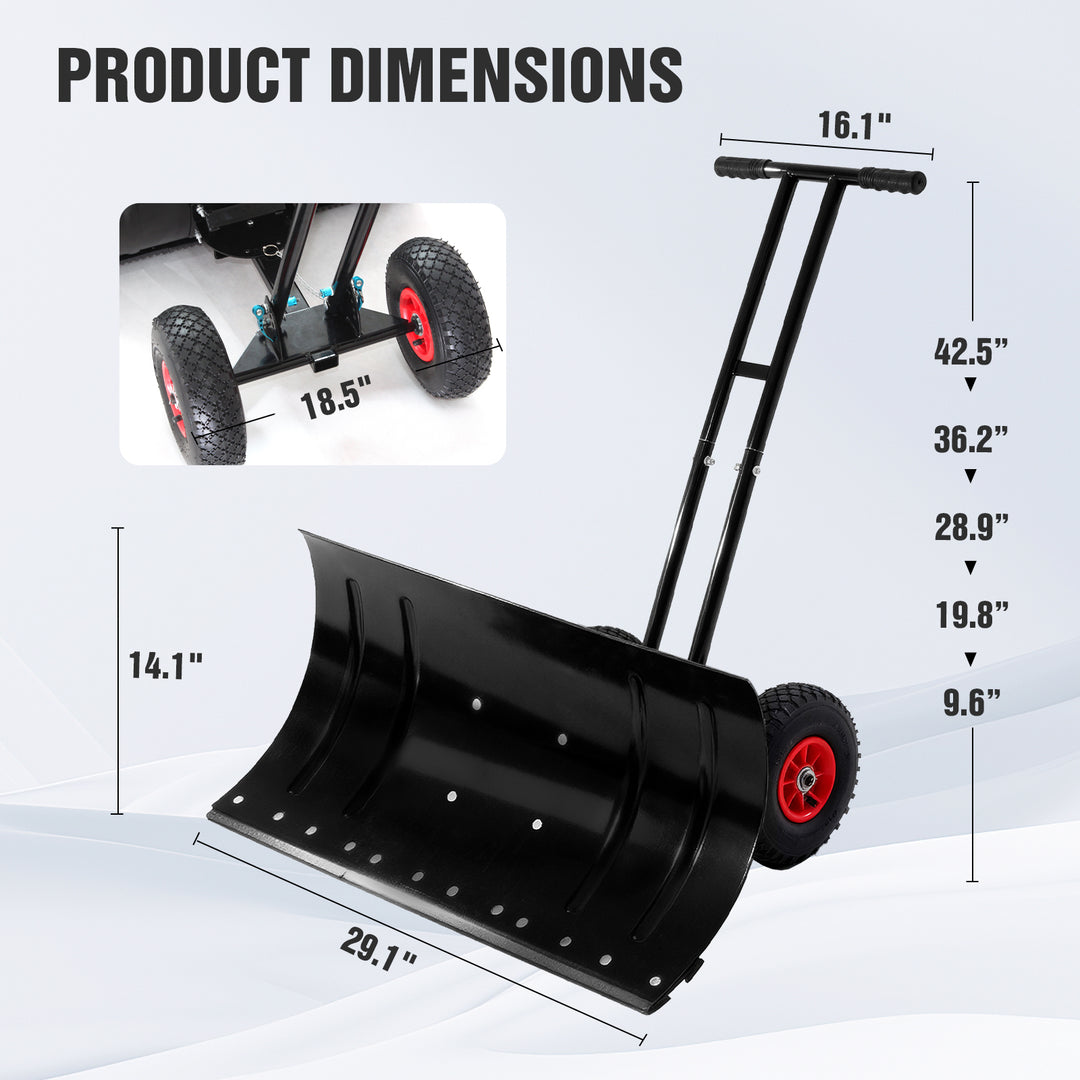 COOS BAY Wheeled Snow Shovel Single/Double Rod Snow Pusher with Adjustable Angle