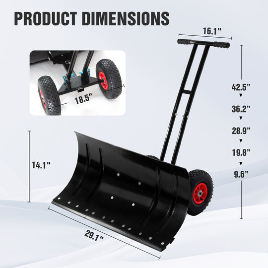 COOS BAY Wheeled Snow Shovel Single/Double Rod Snow Pusher with Adjustable Angle