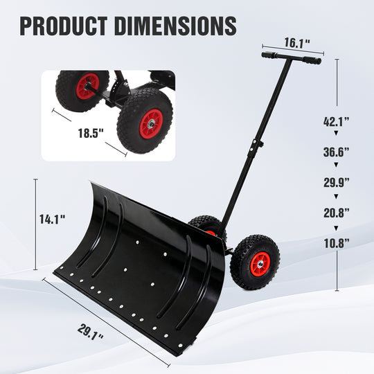 COOS BAY Wheeled Snow Shovel Single/Double Rod Snow Pusher with Adjustable Angle