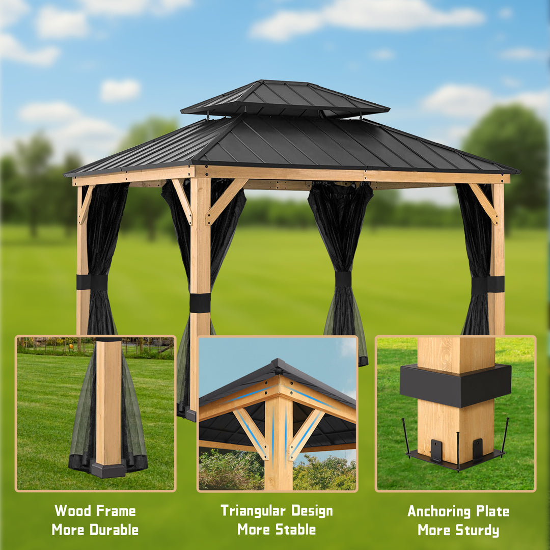 COOS BAY 11x13 Hardtop Gazebo with Netting, Natural Wood/Black