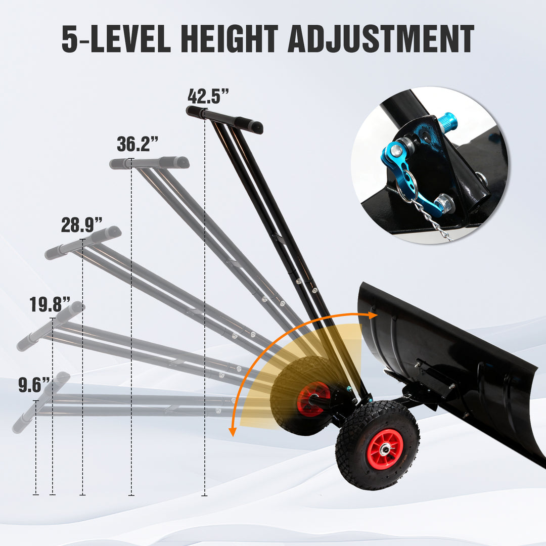 COOS BAY Wheeled Snow Shovel Single/Double Rod Snow Pusher with Adjustable Angle
