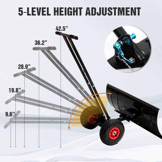 COOS BAY Wheeled Snow Shovel Single/Double Rod Snow Pusher with Adjustable Angle