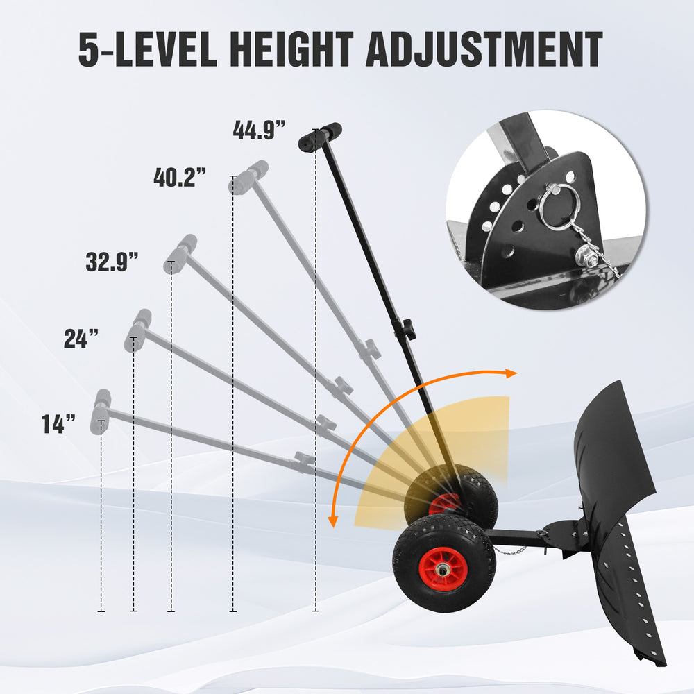 COOS BAY 29” Wheeled Snow Shovel Single/Double Rod Snow Pusher with Adjustable Angle
